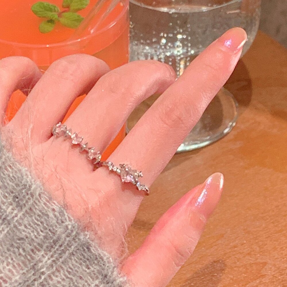 2PCS Silver Pink Heart CZ Open Ring Adjustable Cute Minimalist Star Ring Jewelry